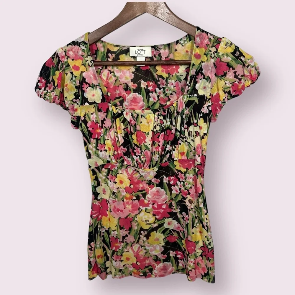 Y2K Floral Babydoll Milkmaid Mesh Top Sz XXS Floral Puff Sleeves Square Neckline